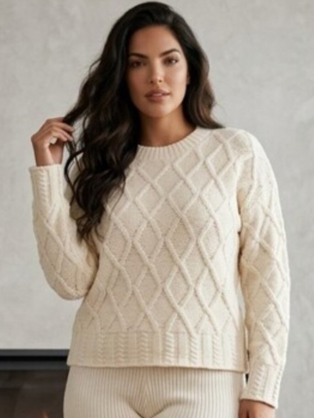 Indigo Soul Soft Cozy Warm Diamond Knit Sweater - Cream: Large - Picture 1 of 4